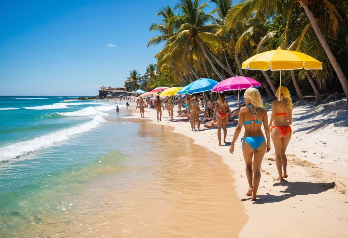 A vibrant beach scene featuring a diverse group of cosplayers dressed in summer fashion inspired by popular anime characters, showcasing colorful swimsuits and unique accessories. The background includes a bright blue ocean, palm trees, and beach umbrellas in playful styles. Sunlight sparkles on the water, while beachgoers engage in activities like surfing and volleyball, creating a lively atmosphere. The overall composition highlights creativity and summer fun. super-realistic. vibrant colors. beach setting.