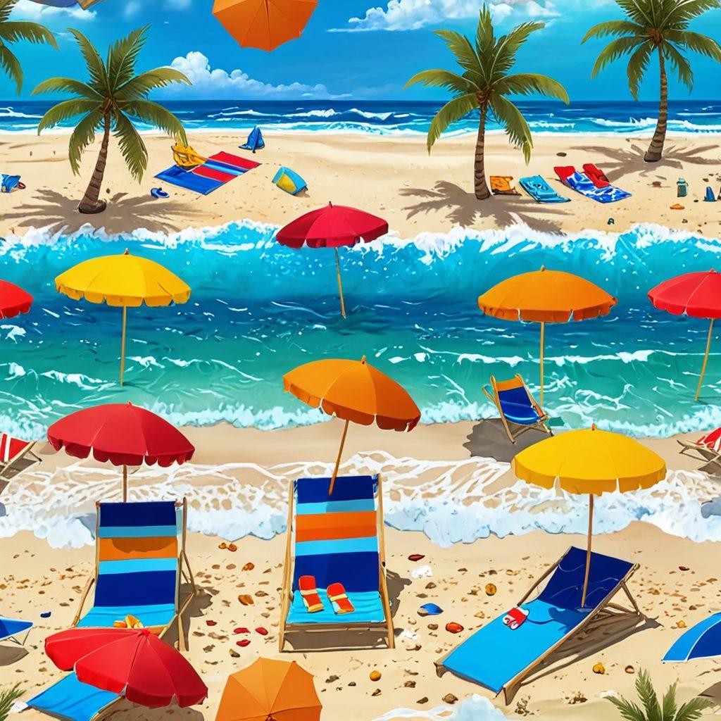 A vibrant beach scene showcasing diverse swimwear styles inspired by popular manga characters, with colorful beach umbrellas and surfboards in the background. Include animated characters in swimwear, lounging on the sand, and enjoying beach activities. The atmosphere should feel playful and energetic, embodying a summer vibe. Bright blue skies with fluffy clouds above, and sparkling ocean waves in the distance. super-realistic. vibrant colors. 3D.